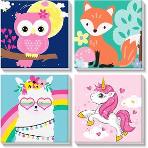 Bowetile 4 Pack Framed Paint by Numbers for Kids, Cartoon Paint by Numbers for Kids Ages 8-12, Kids Paint by Number Kits on Canvas, DIY Oil Painting Acrylic Paints for Home Wall Art Decor, 8x8in