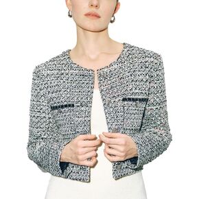 Women's Long Sleeve Cropped Tweed Jacket with Pocket Button Slim Fit Work Office Short Tweed Blazer
