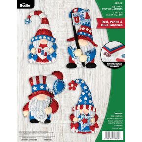 Bucilla, Red, White, & Blue Gnomes, Felt Applique 6 Piece Ornament Making Kit, Perfect for Holiday DIY Arts and Crafts, 89700E