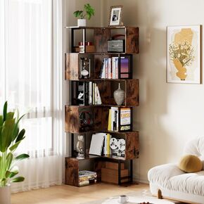 7 Tier Corner Bookshelf, 70.86" Tall Corner Bookcase, Wood and Metal Industrial Storage Corner Shelf, Large Modern Display Storage Rack for Living Room Home Office - Brown