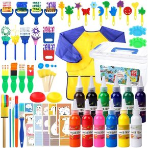 65 Pack Washable 12 Color Finger Paints Set with Sponges, Paint Brushes, Waterproof Paint Smock, Palettes, Cards, Storage Box for Toddler Early Learning Kids