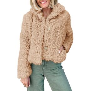Tankaneo Womens Cropped Faux Fur Coat Lapel Collar Button Down Fluffy Jackets Winter Outerwear