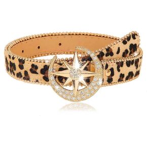 Yalice Women Leather Belt Leopard Print Ladies Belt for Jeans Pants Rhinestone Moon Buckle Belts for Dresses Hippie Belts
