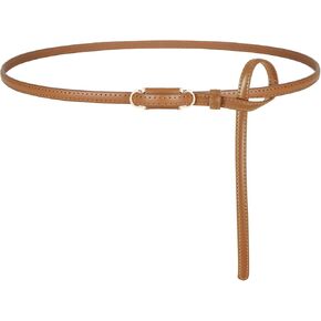 Skinny Genuine Leather Belts for Women Thin Waist Belt for Dresses Jeans Adjustable with Gold Buckle 0.4" Width