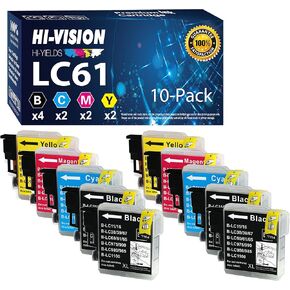 HI-VISION HI-YIELDS 10 Pack Compatible LC-61 LC61 4 Black 2 Cyan 2 Yellow 2 Magenta Ink Cartridges Replacement for MFC-490CW MFC-495CW MFC-J410W MFC-J615W MFC-6490CW MFC-6890CDW