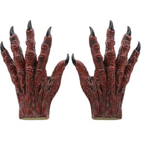 Halloween Scary Demon Mask and Gloves Latex Red Horns Headgear Realistic Paw Gloves Drss Up Cosplay Costume