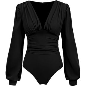 CIDER Long Sleeve Body Suits Womens V Neck Bodysuits Ruched Pleated Corset Bodysuit Leotard Trendy 2024