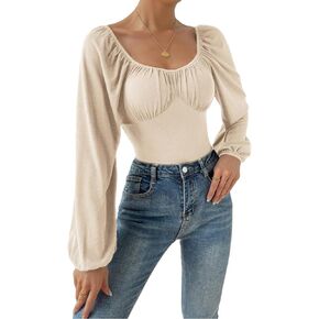 SURRO Women's Bodysuit Shirts Elegant Puff Long Sleeve Leotard Blouses Belly Hiding Tops Hook Closure