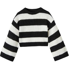 MakeMeChic Girl's Colorblock Striped Round Neck Sweater Casual Long Sleeve Loose Pullover Tops