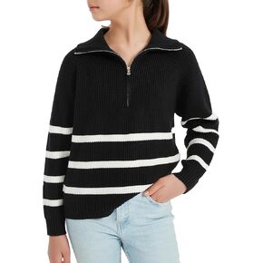EXARUS Girls Striped/Solid Sweaters Relaxed Fit Kids Quarter Zip Casual Warm Long Sleeve Knit Tops Teen 6-12Y