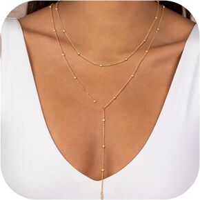 Lariat Gold Necklace for Women, Long Dainty 14K Gold Layered Necklaces for Women Trendy Y-Shaped Beaded Chain Necklace Simple Waterproof Gold Jewelry for Women Gifts