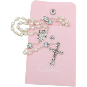 KOMI Rosary Beads Catholic for Women Glass Pearl Beads Rosary Necklace with Saint Benedict Medal & Crucifix Rosarios Catolicos Catholic Gifts for Women with Rosary Pouch