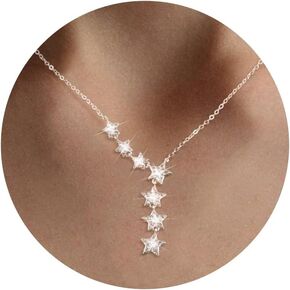 Lariat Star Necklace for Women: Dainty Silver/Gold Star Y-Shaped Necklace for Women 14K Gold Plated Long Chain Pearl Drop Necklace Diamond Star Pendant Cute Jewelry Gifts for Women Trendy