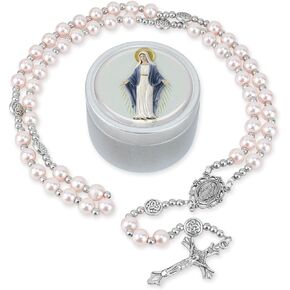 8MM Glass Pearl Rosary Beads - Rosary Necklace for Women with Rosary Box, Catholic Rosary Gifts for Girls First Communion, Baptism