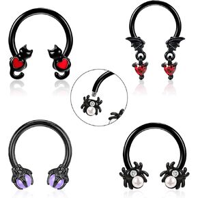16G Septum Nose Ring Hoop for Women Men 316L Stainless Steel Halloween Nose Rings Halloween Bat Helix Earrings Clicker Dangle Daith Tragus Cartilage Piercing Jewelry, 4PCS