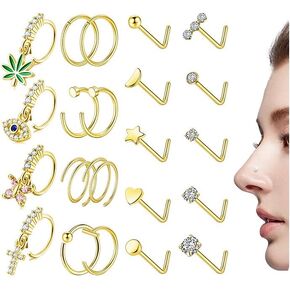 SONNYX 22 Pcs 14K Gold Dangle Nose Ring Studs Nose Rings Hoops 316L Surgical Steel Nose Rings CZ L Shaped Nose Stud Hypoallergenic Nose Piercing Jewelry for Women Men 20G