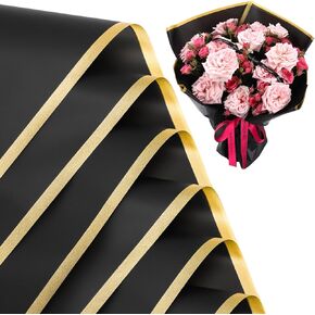 Vutim Flower Wrapping Paper, 25PCS Black Wrapping Paper, Gold Edge Waterproof Bouquet Paper, Flower Gift Wrapping Paper for Flower Shop, Wedding, Birthday Party, Handmade DIY, Anniversary