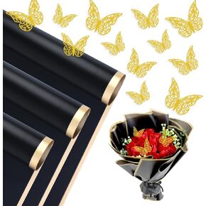 Hopule 20 Sheets Flower Wrapping Paper, Waterproof Floral Bouquet Wrapping Paper with 3D Butterfly Decorations, Florist Supplies for Wedding Birthday Gift, DIY Crafts, Black