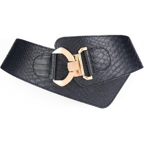Wide Waist Stretch Statement Thick Belt for Women Dresses with Gold Interlock Buckle