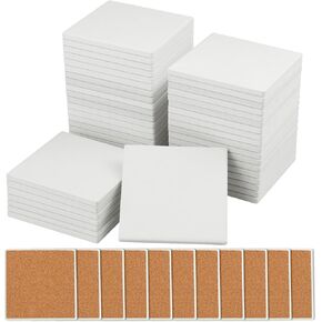 GNIEMCKIN 45 Pieces 4x4 Inch Blank Ceramic Coasters, Unglazed Ceramic Tiles Coasters, Ceramic Tiles with Cork Backing Pads for Painting, DIY Crafts, Mosaics, Square, White.