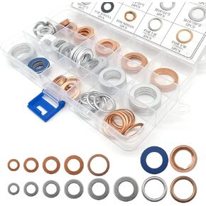 105 PCS Car Oil Drain Plug Copper Flat Washers Assortment Set, 15 Sizes Durable Oil Crush Washer Seals Kit, with Storage Box, Compatible with Nissan Volkswagen (Multicolored)