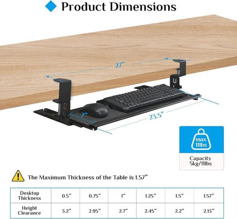 Keyboard Tray Under Desk, Pull Out Keyboard with Heavy-Duty C-Clamp Hardware, 27″ W x 11.4″ D Slide Out Computer Keyboard Drawer & Mouse Tray for Home Office (Black and Wide) in Saudi Arabia