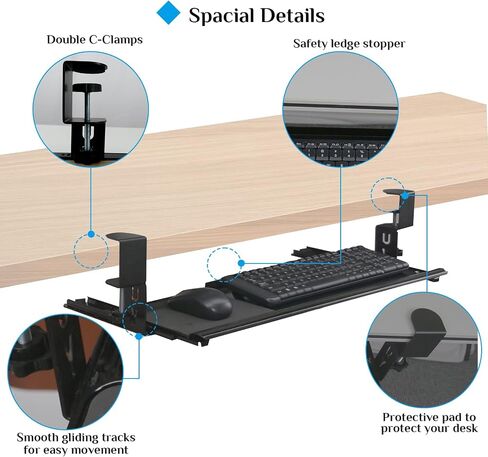 Keyboard Tray Under Desk, Pull Out Keyboard with Heavy-Duty C-Clamp Hardware, 27″ W x 11.4″ D Slide Out Computer Keyboard Drawer & Mouse Tray for Home Office (Black and Wide) in Saudi Arabia