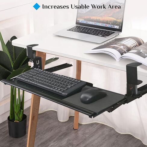 Keyboard Tray Under Desk, Pull Out Keyboard with Heavy-Duty C-Clamp Hardware, 27″ W x 11.4″ D Slide Out Computer Keyboard Drawer & Mouse Tray for Home Office (Black and Wide) in Saudi Arabia