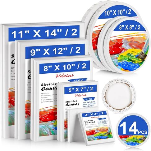 Stretched Canvas - 4x4, 5x7, 8x10, 9x12, 11x14 and Round Canvas 8x8, 10x10 (2 of Each) Total 14 Canvas Pack - 100% Cotton Blank Canvases for Oils Acrylics and Pouring in Saudi Arabia