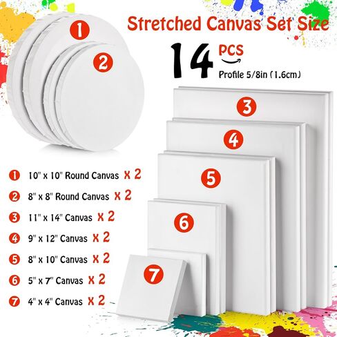Stretched Canvas - 4x4, 5x7, 8x10, 9x12, 11x14 and Round Canvas 8x8, 10x10 (2 of Each) Total 14 Canvas Pack - 100% Cotton Blank Canvases for Oils Acrylics and Pouring in Saudi Arabia