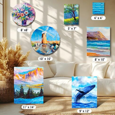 Stretched Canvas - 4x4, 5x7, 8x10, 9x12, 11x14 and Round Canvas 8x8, 10x10 (2 of Each) Total 14 Canvas Pack - 100% Cotton Blank Canvases for Oils Acrylics and Pouring in Saudi Arabia