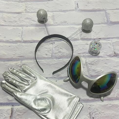 عصابة رأس كائن فضائي، زي كائن فضائي للنساء والأطفال البالغين، إكسسوارات الهالوين: نظارات، وقفازات، وبريق ثلاثي الأبعاد in Kuwait