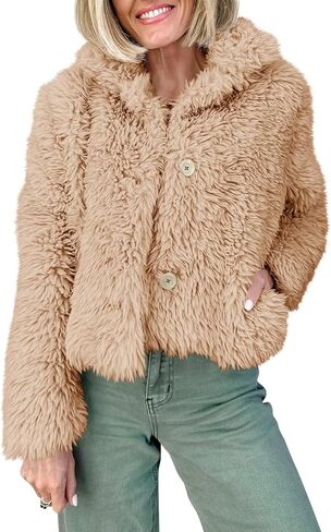 معطف نسائي قصير من الفرو الصناعي من Tankaneo وياقة على شكل طية صدر وأزرار سفلية وسترات منفوشة ملابس خارجية شتوية in Kuwait