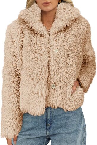 معطف نسائي قصير من الفرو الصناعي من Tankaneo وياقة على شكل طية صدر وأزرار سفلية وسترات منفوشة ملابس خارجية شتوية in Kuwait