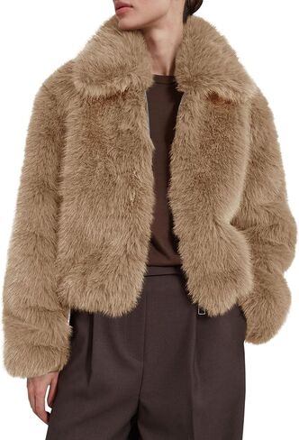 Tankaneo Womens Cropped Faux Fur Jacket Fleece Long Sleeve Zip Up Winter Coats Shaggy Warm Outwear in Saudi Arabia