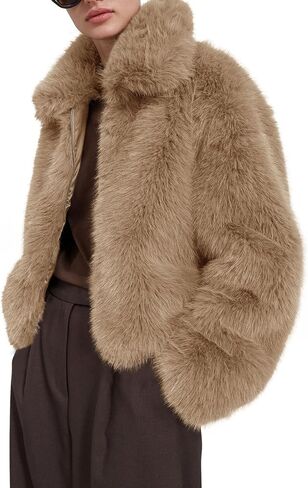 Tankaneo Womens Cropped Faux Fur Jacket Fleece Long Sleeve Zip Up Winter Coats Shaggy Warm Outwear in Saudi Arabia