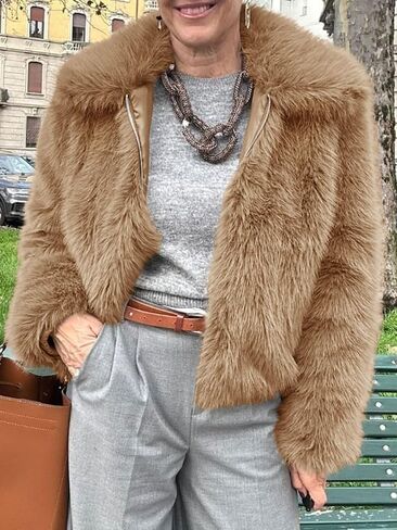 Tankaneo Womens Cropped Faux Fur Jacket Fleece Long Sleeve Zip Up Winter Coats Shaggy Warm Outwear in Saudi Arabia