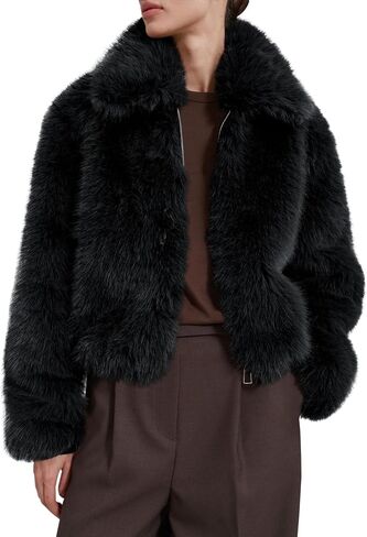 Tankaneo Womens Cropped Faux Fur Jacket Fleece Long Sleeve Zip Up Winter Coats Shaggy Warm Outwear in Saudi Arabia