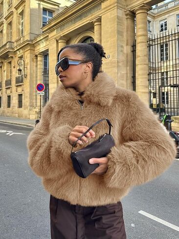 Tankaneo Womens Cropped Faux Fur Jacket Fleece Long Sleeve Zip Up Winter Coats Shaggy Warm Outwear in Saudi Arabia