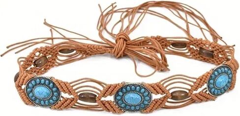 WHIPPY Boho Braid Waist Belt for Women Turquoise Wax Rope Hand-Woven Belt with Tassel Ethnic Western Women Belt for Dress in Kuwait