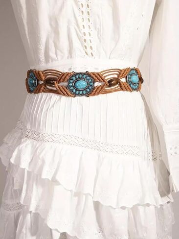 WHIPPY Boho Braid Waist Belt for Women Turquoise Wax Rope Hand-Woven Belt with Tassel Ethnic Western Women Belt for Dress in Kuwait