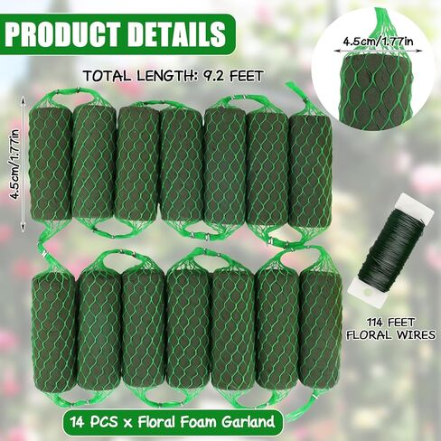 LOKIPA 9.2 قدم إكليل من الإسفنج الزهري، 14 قطعة من كتل الإسفنج الزهرية مجموعة امتصاص الزهور حامل قوس باب أخضر ترتيب إسفنجي من الزهور لتزيين حفلات الزفاف والحديقة (لفة واحدة من سلك الأزهار) in Kuwait