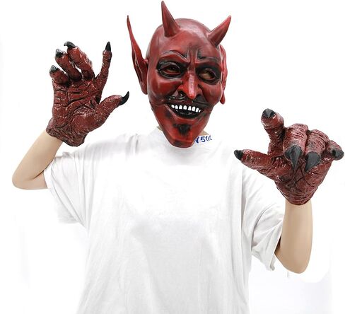 Halloween Scary Demon Mask and Gloves Latex Red Horns Headgear Realistic Paw Gloves Drss Up Cosplay Costume in Kuwait