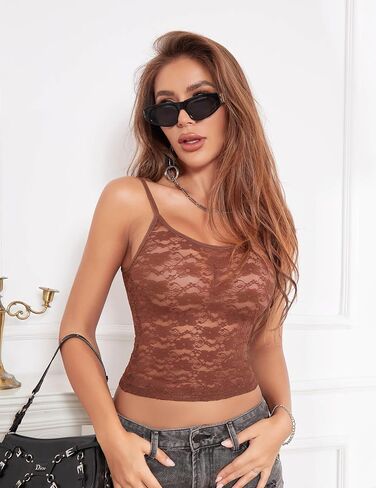 Fem&Fata Women's Lace Slim Fit Camisole Y2K Sexy Mesh See Through Tank Top Going Out Top S-XXL in Saudi Arabia