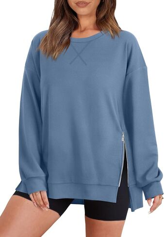WIHOLL Women's Oversized Lightweight Sweatshirt with Side Slit Zipper Soft Crew Neck Pullover Long Sleeve Tops 2024 Fashion in Saudi Arabia