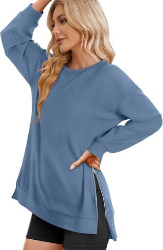 WIHOLL Women's Oversized Lightweight Sweatshirt with Side Slit Zipper Soft Crew Neck Pullover Long Sleeve Tops 2024 Fashion in Saudi Arabia