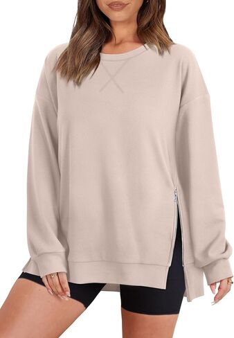 WIHOLL Women's Oversized Lightweight Sweatshirt with Side Slit Zipper Soft Crew Neck Pullover Long Sleeve Tops 2024 Fashion in Saudi Arabia