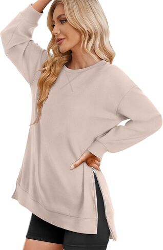 WIHOLL Women's Oversized Lightweight Sweatshirt with Side Slit Zipper Soft Crew Neck Pullover Long Sleeve Tops 2024 Fashion in Saudi Arabia
