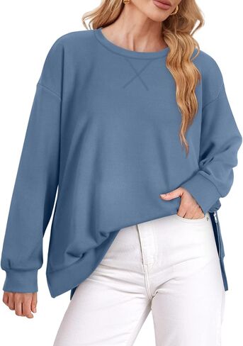 WIHOLL Women's Oversized Lightweight Sweatshirt with Side Slit Zipper Soft Crew Neck Pullover Long Sleeve Tops 2024 Fashion in Saudi Arabia