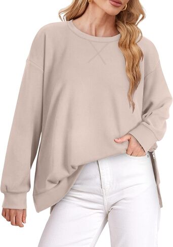 WIHOLL Women's Oversized Lightweight Sweatshirt with Side Slit Zipper Soft Crew Neck Pullover Long Sleeve Tops 2024 Fashion in Saudi Arabia
